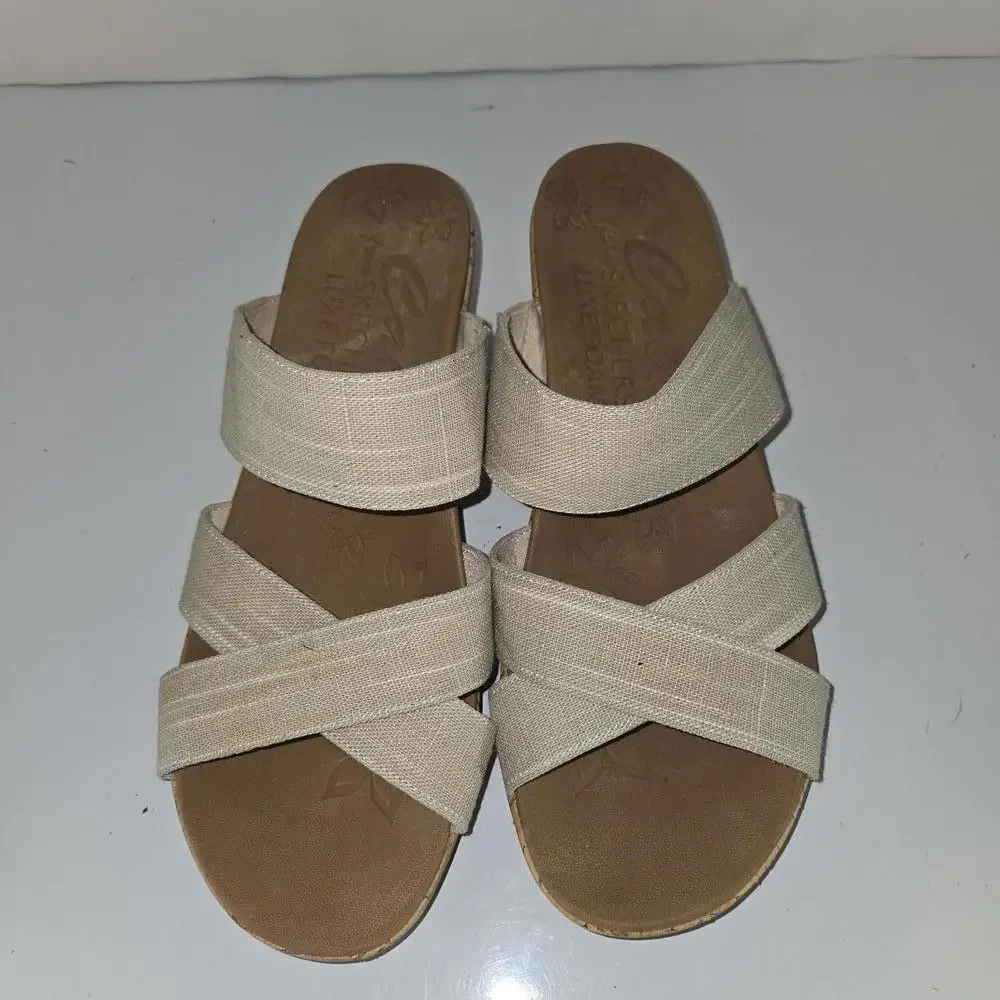 0391‎ Cali From Skechers Luxe Foam Sandals Beverlee Beige Wedge Slide Size 11